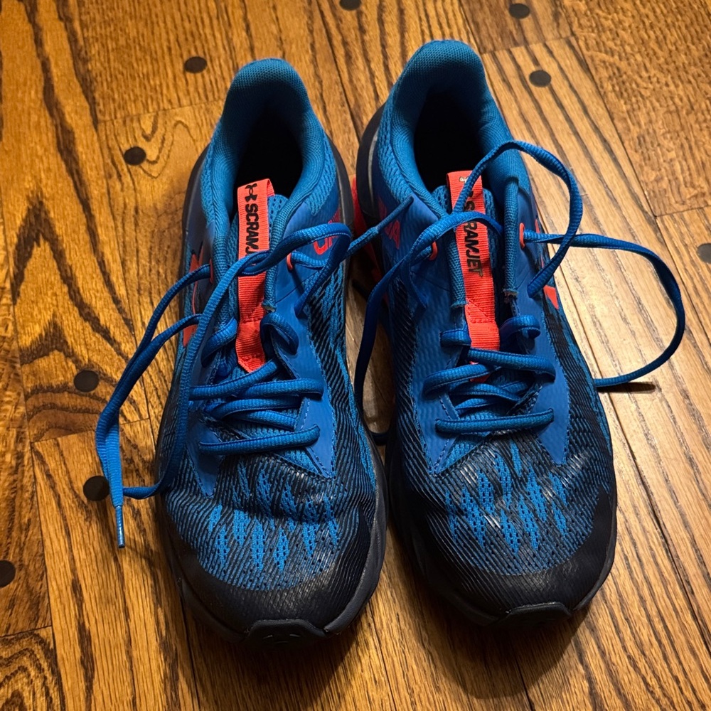 Under Armour Blue and Black Running Shoes with Red Accents youth size 7